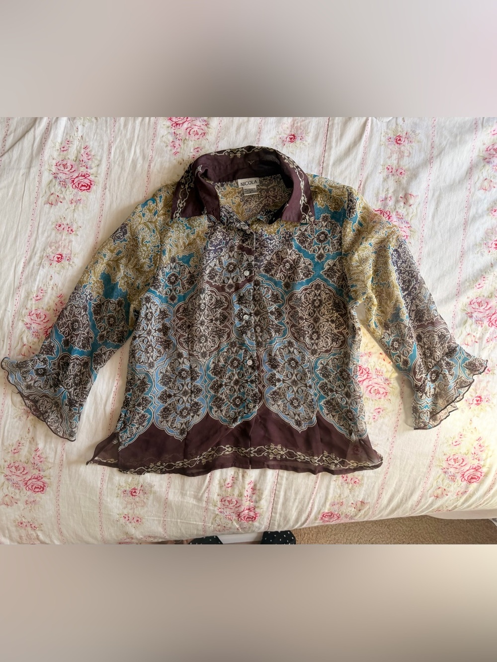 Vintage Brown, Blue and Cream Printed Sheer Button-Up Swim Cover Blouse